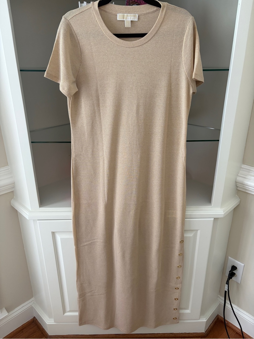 Michael Kors Beige Short-Sleeve Knit Maxi Dress with Side studs